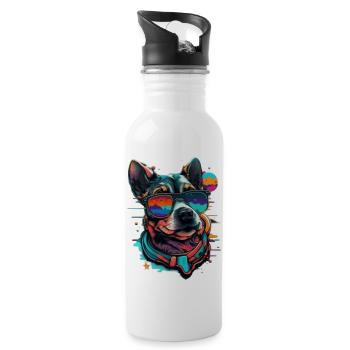 Head of dog in bright colors with sunglasses - Water bottle with straw - white - Right