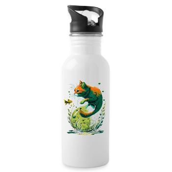 Fantasy Cat Playing with Gold Fish - Water bottle with straw - white - Right