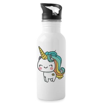 Kawaii Cute Happy Unicorn - Water bottle with straw - white - Right