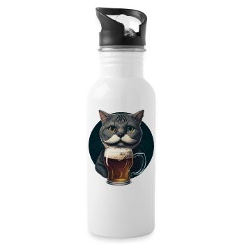 Katze mit Bier - Trinkflasche mit integriertem Trinkhalm - Weiß - Rechts