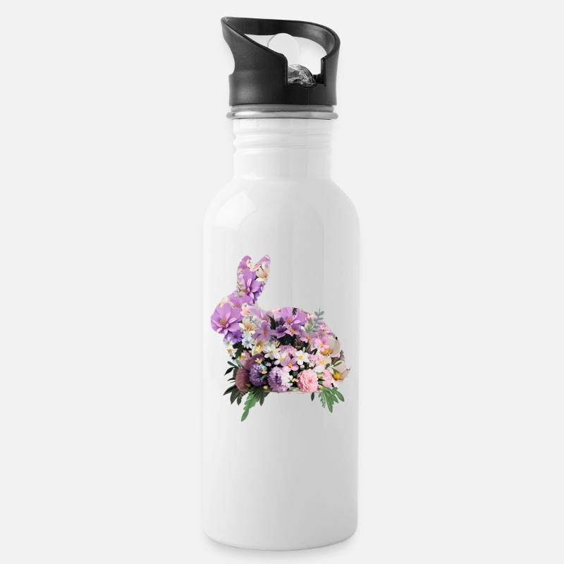 Blumen Osterhase - Trinkflasche mit integriertem Trinkhalm - Weiß