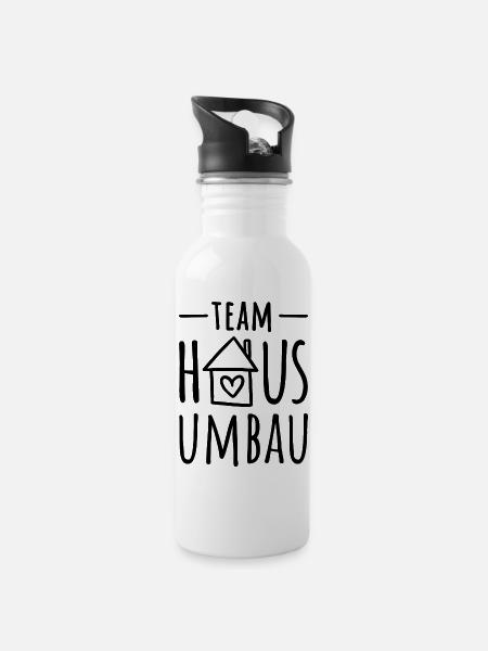Hausbau - Haus umbauen - Team Haus Umbau - Trinkflasche mit integriertem Trinkhalm - Weiß