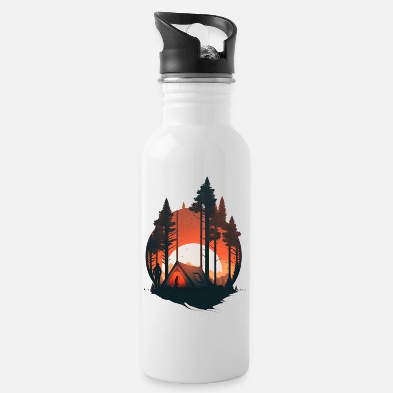 Zelt im Wald mit Sonnenuntergang - Trinkflasche mit integriertem Trinkhalm - Weiß