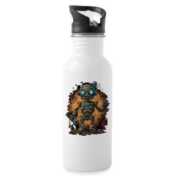 Steampunk Neon Robot Awakening - Water bottle with straw - white - Right