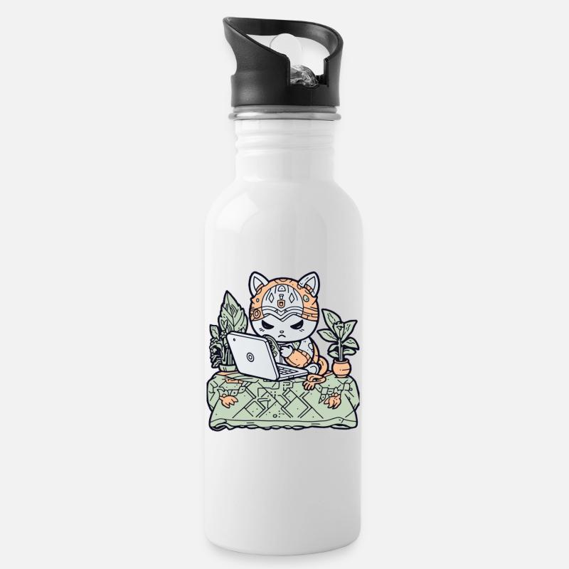 Tech-Katze in Gartenrüstung - Trinkflasche mit integriertem Trinkhalm - Weiß