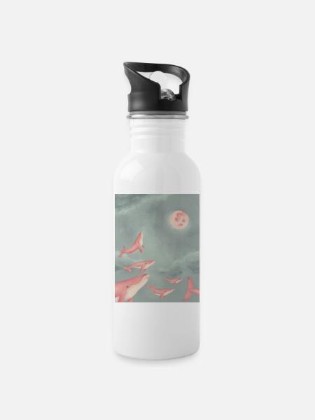 Wale in den Wolken - Trinkflasche mit integriertem Trinkhalm - Weiß