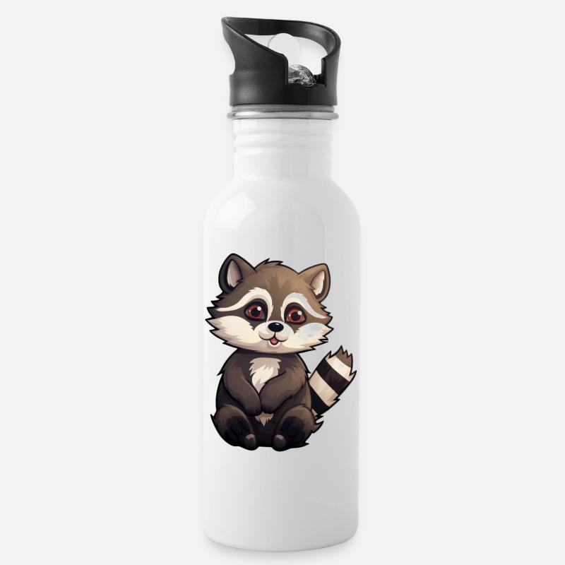 Waschbär - Trinkflasche mit integriertem Trinkhalm - Weiß