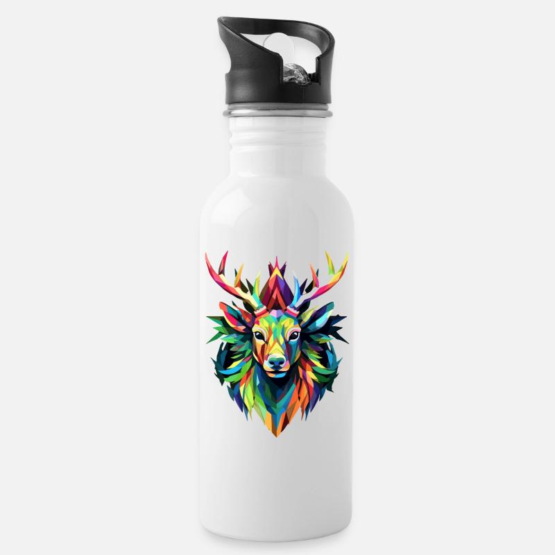 Buntes Hirschgeweih - Origami - Style - Trinkflasche mit integriertem Trinkhalm - Weiß