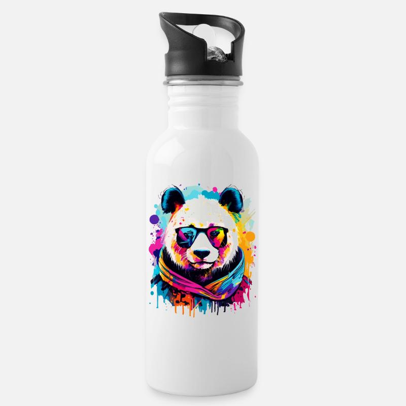 Panda Farbenfroh - Pandabär Bunt - Panda Bär - Trinkflasche mit integriertem Trinkhalm - Weiß