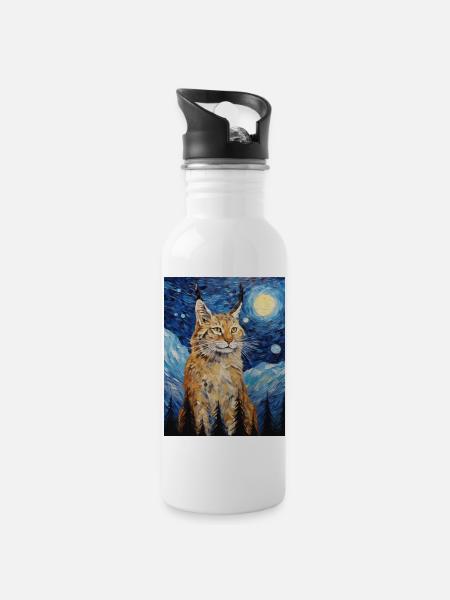 luchs, van gogh, sternennacht, tier - Trinkflasche mit integriertem Trinkhalm - Weiß