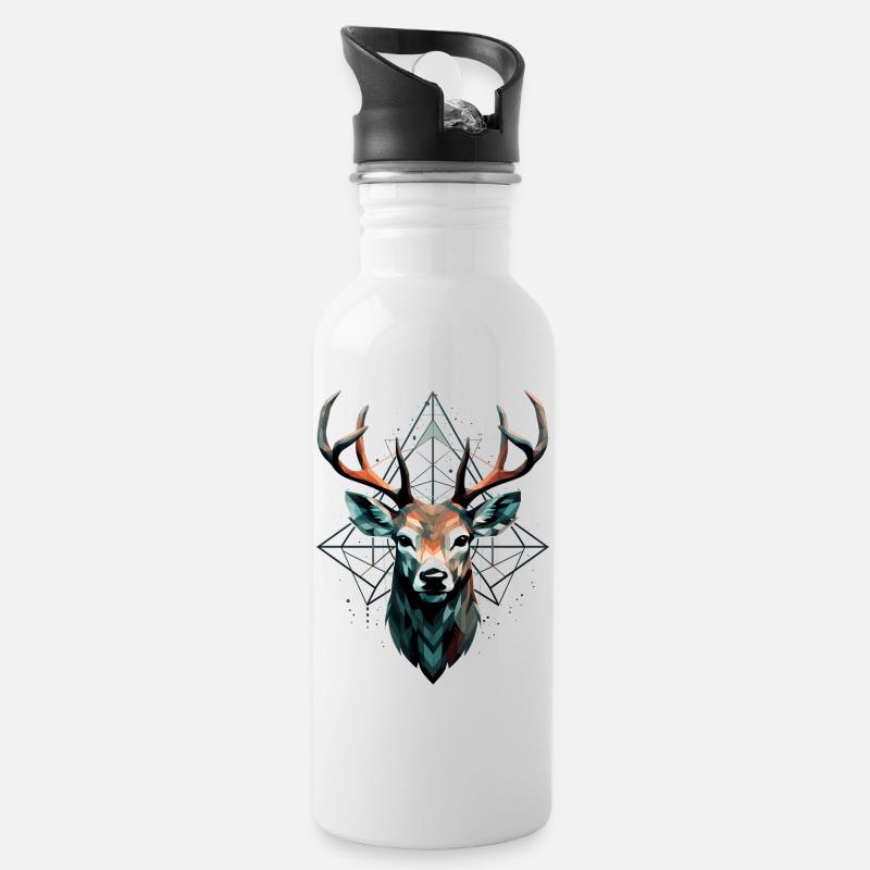 Geometrischer Hirsch mit geometrischen Mustern - Trinkflasche mit integriertem Trinkhalm - Weiß