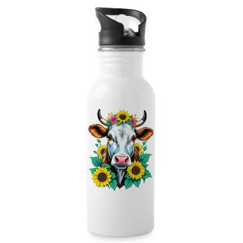 Kuh mit Sonnenblumen - Trinkflasche mit integriertem Trinkhalm - Weiß - Rechts