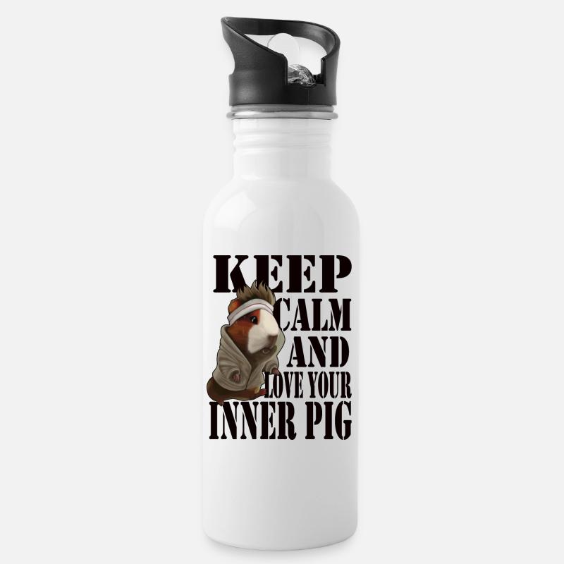 Keep Calm and Love Your Inner Pig - Trinkflasche mit integriertem Trinkhalm - Weiß