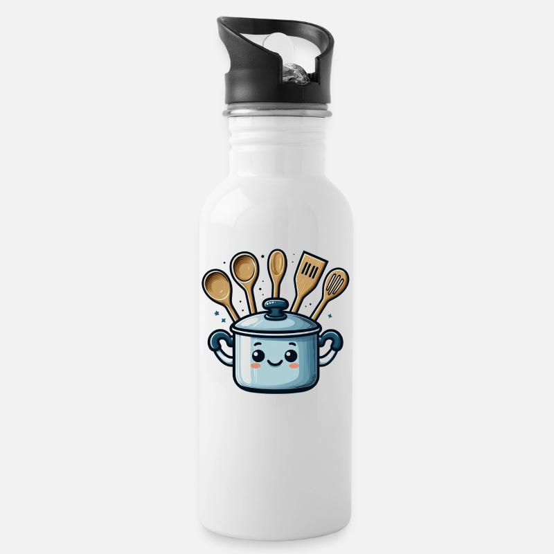 Kochtopf Topf mit Gesicht - Trinkflasche mit integriertem Trinkhalm - Weiß