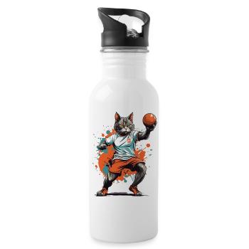 Handball Cat Ball Sports Streetwear Style - Water bottle with straw - white - Right
