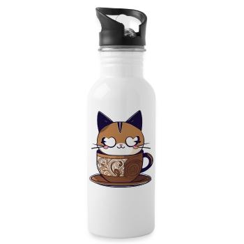 Niedliche Kaffee Katze - Trinkflasche mit integriertem Trinkhalm - Weiß - Rechts