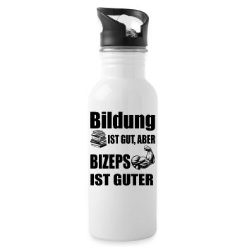 Stärke durch Wissen - Muskulöser Arm und Büchersta - Trinkflasche mit integriertem Trinkhalm - Weiß - Rechts