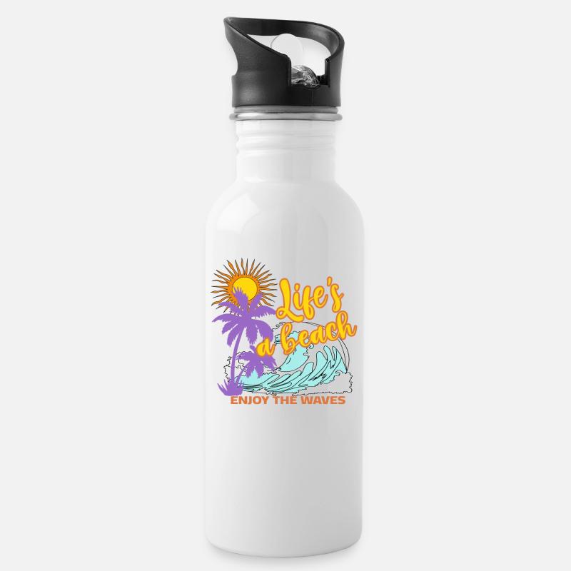 Life is a beach - Enjoy the waves - Trinkflasche mit integriertem Trinkhalm - Weiß