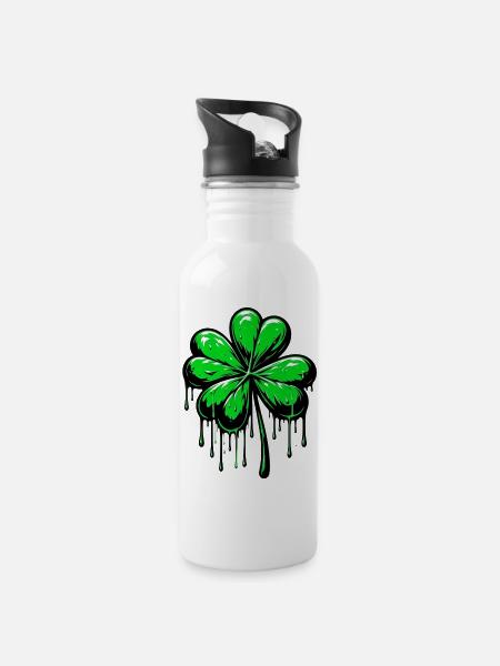 Vierblättriges Kleeblatt - Trinkflasche mit integriertem Trinkhalm - Weiß