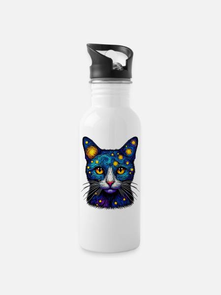 Katze - Trinkflasche mit integriertem Trinkhalm - Weiß