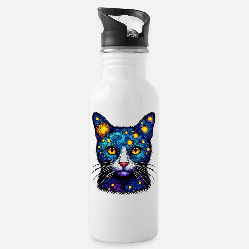 Katze - Trinkflasche mit integriertem Trinkhalm - Weiß
