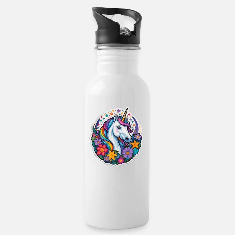 Regebogen Einhorn mit Blumen und Sternen - Trinkflasche mit integriertem Trinkhalm - Weiß