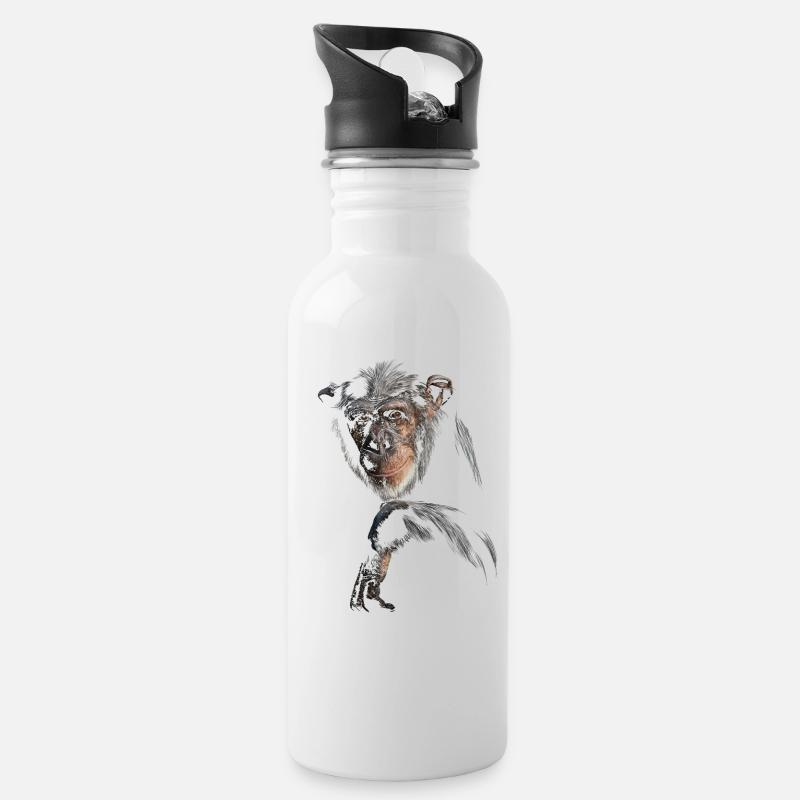 Schimpanse - Trinkflasche mit integriertem Trinkhalm - Weiß