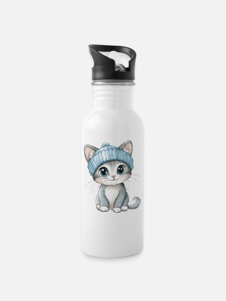 Katze Süß Niedlich Baby Kinder Tier Cartoon - Trinkflasche mit integriertem Trinkhalm - Weiß