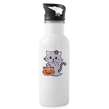 Cat Ghost with Pumpkin Bag - Water bottle with straw - white - Right