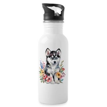 Husky Baby Welpe süß niedlich Aquarell Zeichnung - Trinkflasche mit integriertem Trinkhalm - Weiß - Rechts