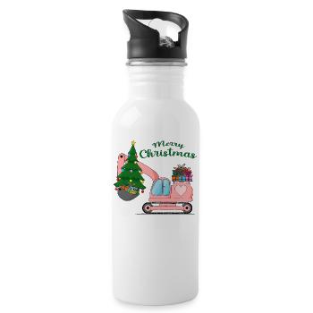 Excavator Merry Christmas Pink - Water bottle with straw - white - Right