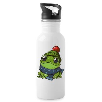 Cute frog with scarf and bobble hat. - Water bottle with straw - white - Right