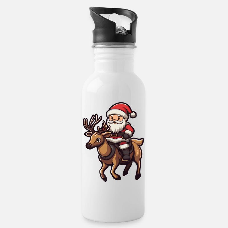 Cerf Père Noël Dessin animé - Gourde avec paille intégrée - blanc