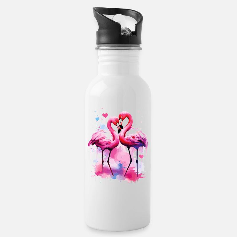 Flamingo Liebe Herz Vogel Exotisch Sommer Rosa - Trinkflasche mit integriertem Trinkhalm - Weiß