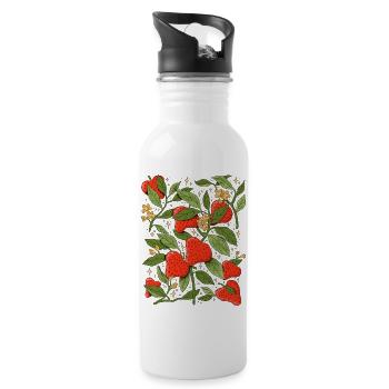 Heart Strawberries – Romantic Nature Illustration - Water bottle with straw - white - Right