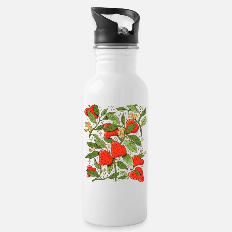 Fraises de cœur - Illustration de la nature romantique - Gourde avec paille intégrée - blanc