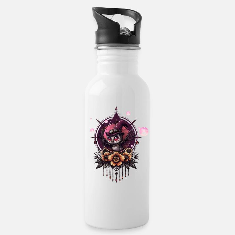 The Steampunk Owl: Keeper of Secrets. - Water bottle with straw - white