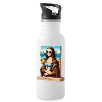 Mona Lisa im Urlaub - Trinkflasche mit integriertem Trinkhalm - Weiß - Rechts
