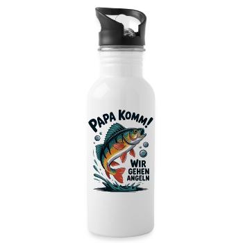 Papa komm wir gehen Angeln! Springender Barsch - Trinkflasche mit integriertem Trinkhalm - Weiß - Rechts
