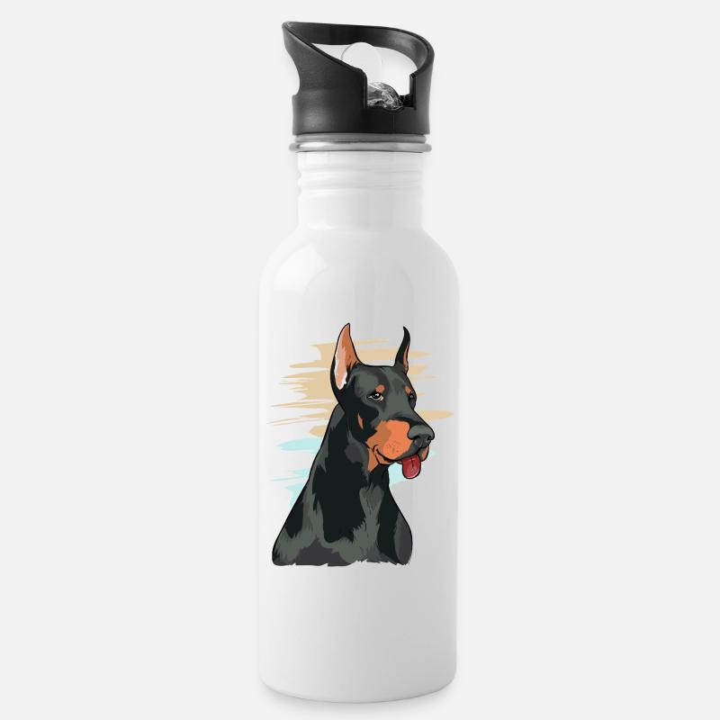 Verspieltes Dobermann-Porträt-Kunstwerk - Trinkflasche mit integriertem Trinkhalm - Weiß