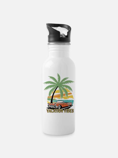 Ciel tropical et voiture vintage - Gourde avec paille intégrée - blanc