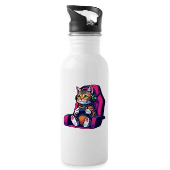 Retro Gamer Cat with Headset and Controller - Water bottle with straw - white - Right