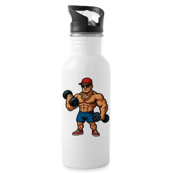 Bodybuilder mit Goldkette und Hanteln - Trinkflasche mit integriertem Trinkhalm - Weiß - Rechts