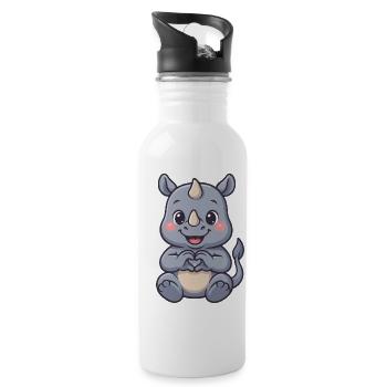 Cute rhinoceros with heart hands - Water bottle with straw - white - Right