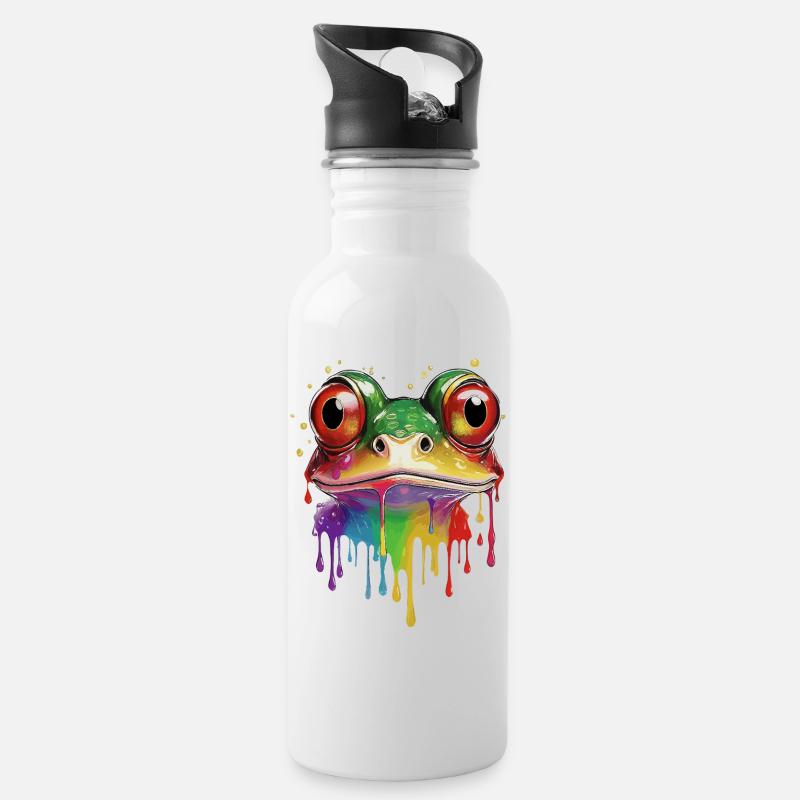 Bunter Regenbogen Frosch Kunstdruck - Trinkflasche mit integriertem Trinkhalm - Weiß
