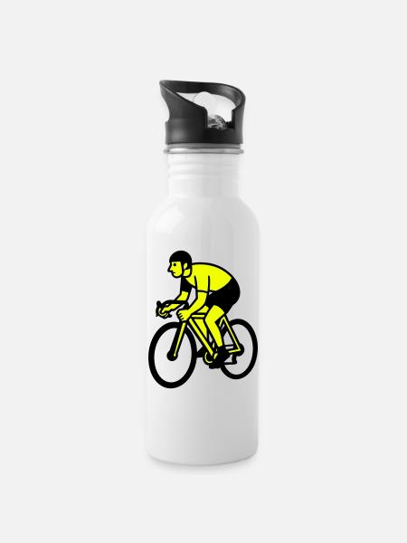 Neon Wheel Silhouette Cyclist - Water bottle with straw - white