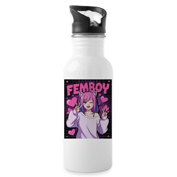 Cute Anime Femboy with Cat Ears - Water bottle with straw - white - Right