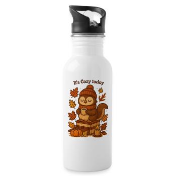 Cozy Autumn Owl with Tea Hat - Water bottle with straw - white - Right
