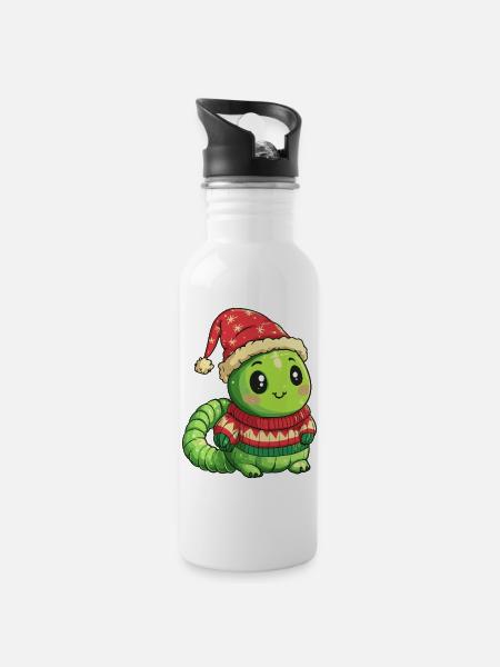 Wurm Weihnachten - Trinkflasche mit integriertem Trinkhalm - Weiß