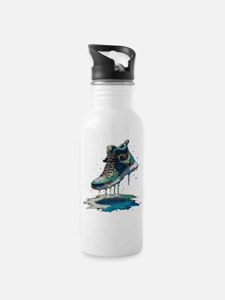 Bunter Streetart-Sneaker - Trinkflasche mit integriertem Trinkhalm - Weiß